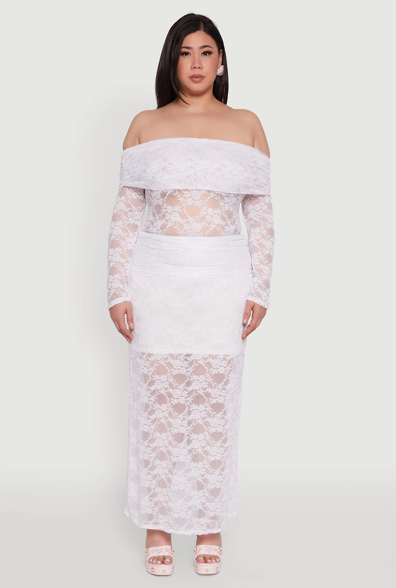 Plus Lace High Waisted Fold Over Maxi Skirt