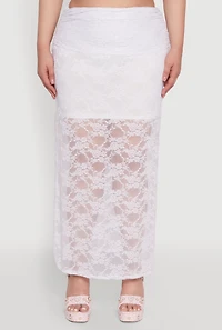 Womens Plus Lace High Waisted Fold Over Maxi Skirt, White,
