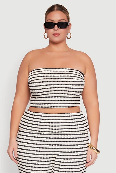 Womens Plus Size Striped Foldover Tube Top with Cropped Hem, Multi, Size 1X