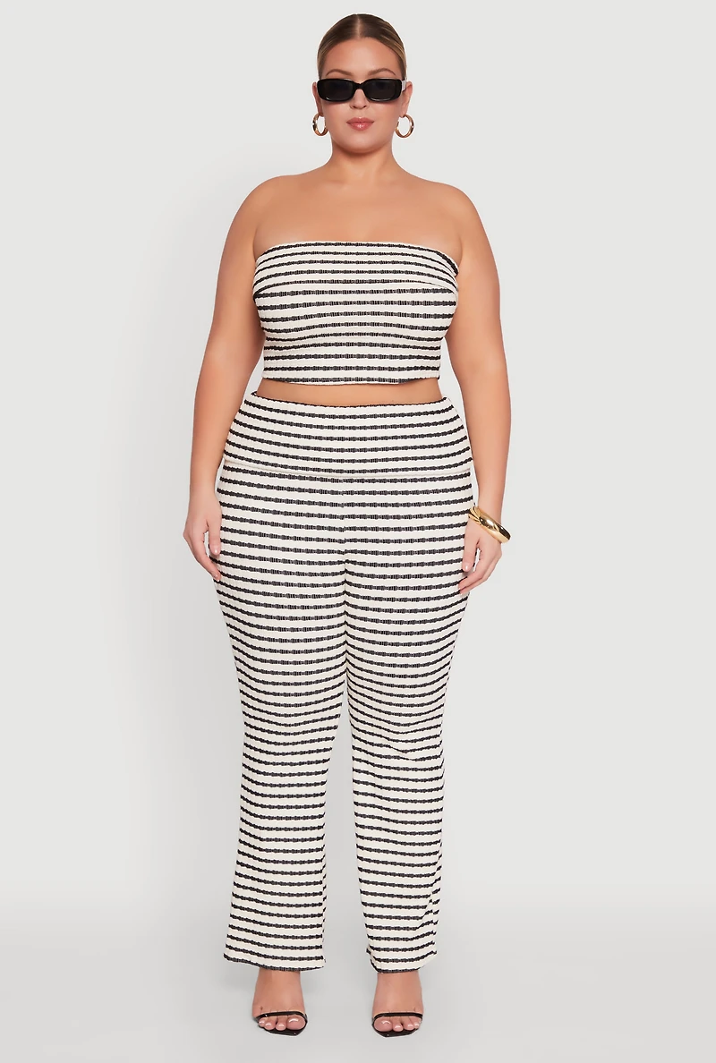 Womens Plus Striped Foldover Tube Top with Cropped Hem, Multi,