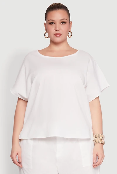 Womens Plus Size Button Back Keyhole Short Sleeve Top, White, Size 3X