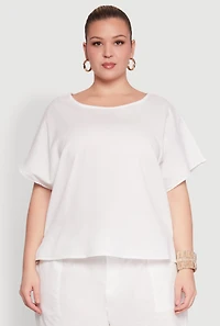 Womens Plus Size Button Back Keyhole Short Sleeve Top, White, Size 3X