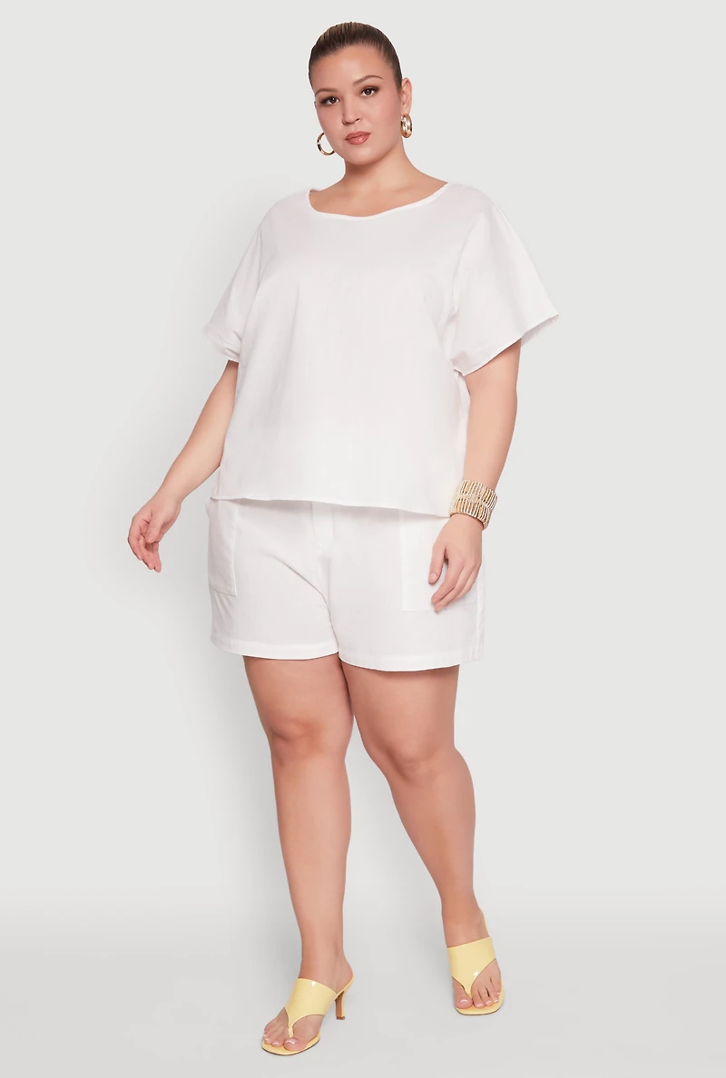 Plus Button Back Keyhole Short Sleeve Top