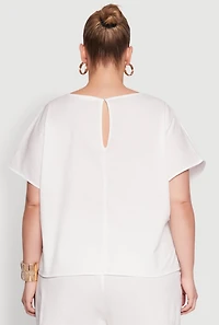 Womens Plus Size Button Back Keyhole Short Sleeve Top, White, Size 3X