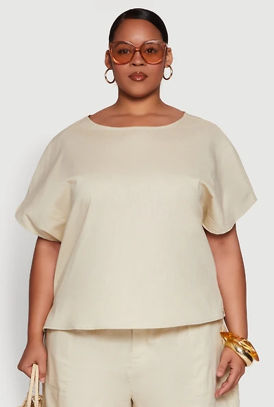 Womens Plus Button Back Keyhole Short Sleeve Top,