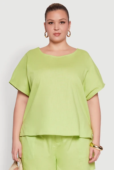 Womens Plus Button Back Keyhole Short Sleeve Top,