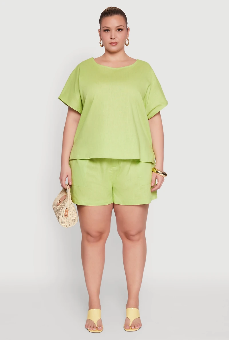 Womens Plus Button Back Keyhole Short Sleeve Top,