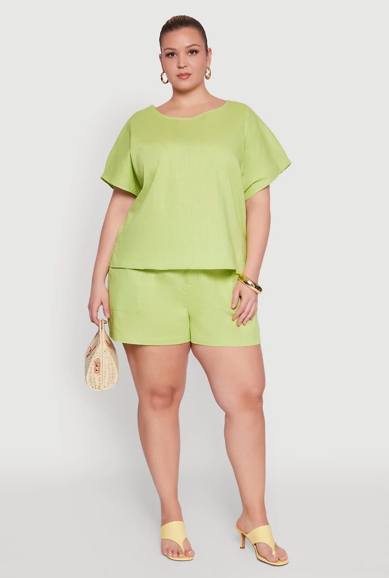 Womens Plus Button Back Keyhole Short Sleeve Top,