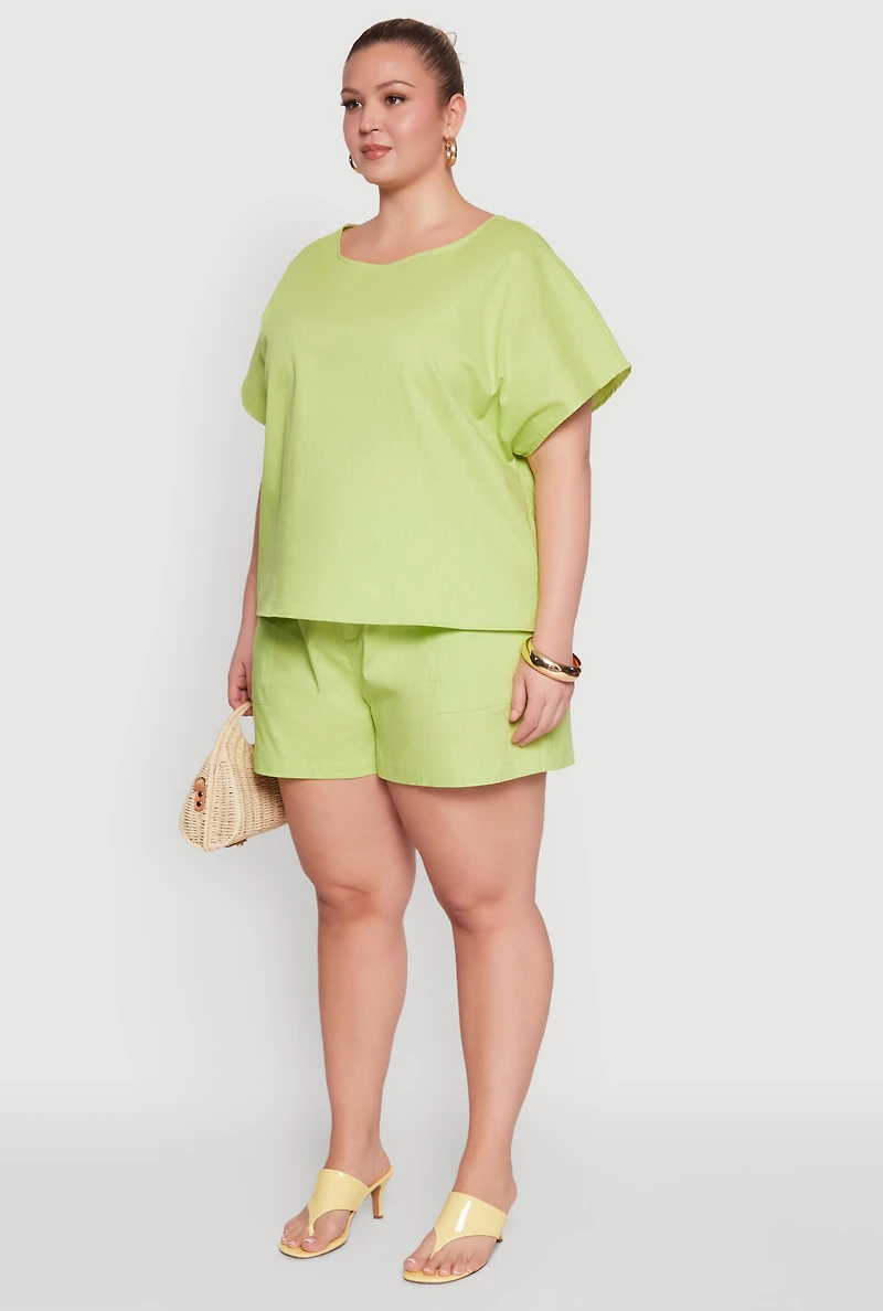 Womens Plus Button Back Keyhole Short Sleeve Top,
