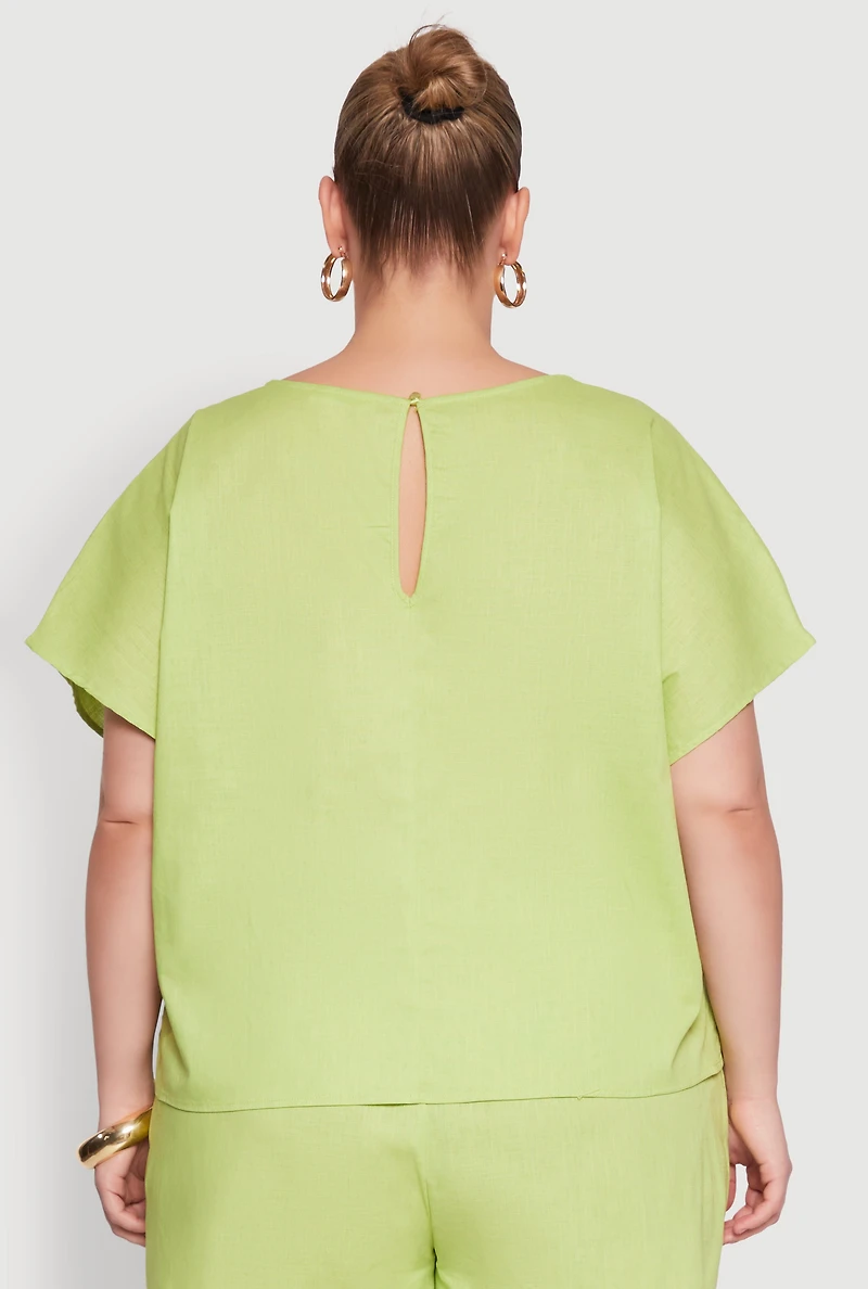 Womens Plus Button Back Keyhole Short Sleeve Top,
