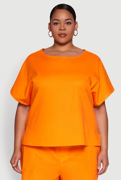 Womens Plus Button Back Keyhole Short Sleeve Top,