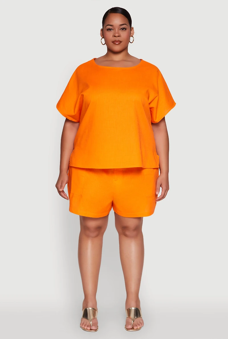 Womens Plus Button Back Keyhole Short Sleeve Top,