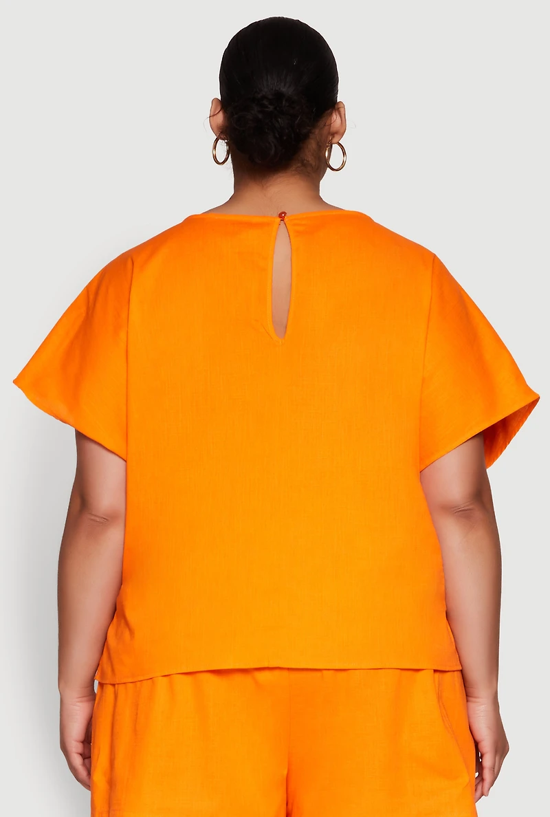 Womens Plus Button Back Keyhole Short Sleeve Top,