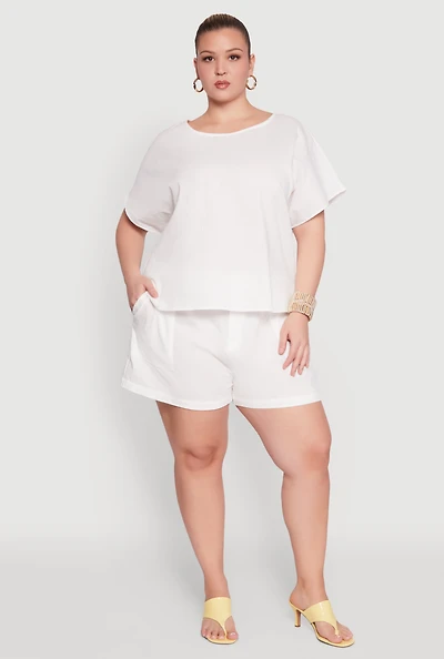 Womens Plus Linen High Waist Shorts, White,