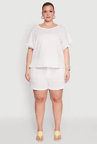 Womens Plus Linen High Waist Shorts, White,