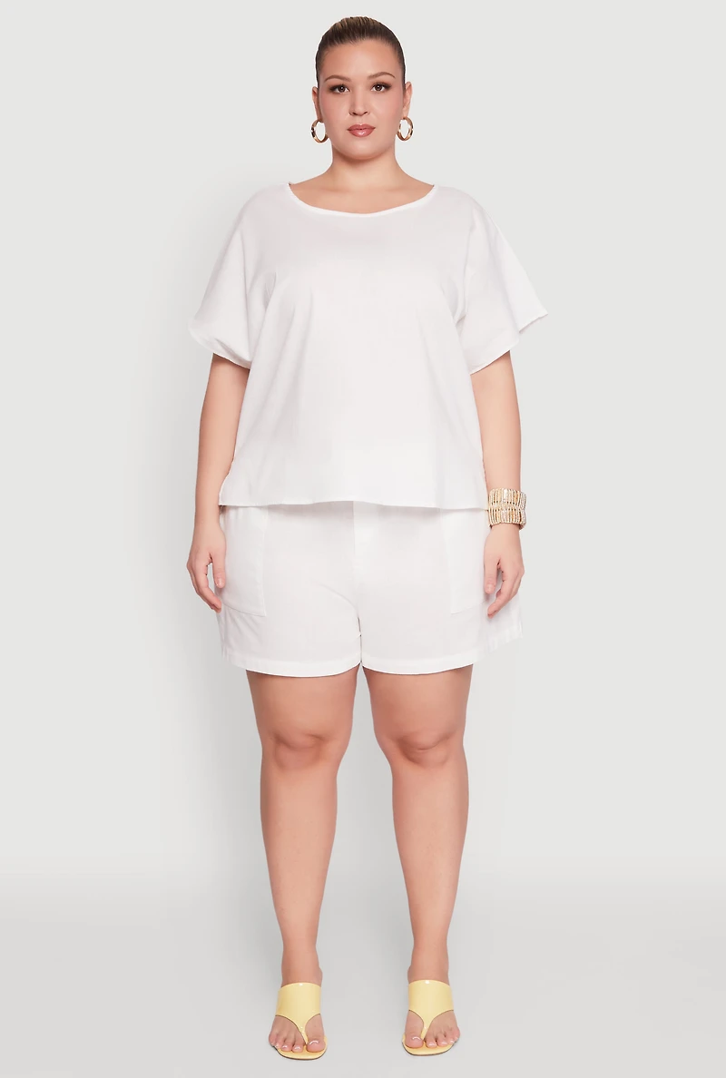 Womens Plus Size Linen High Waist Shorts, White, Size 3X