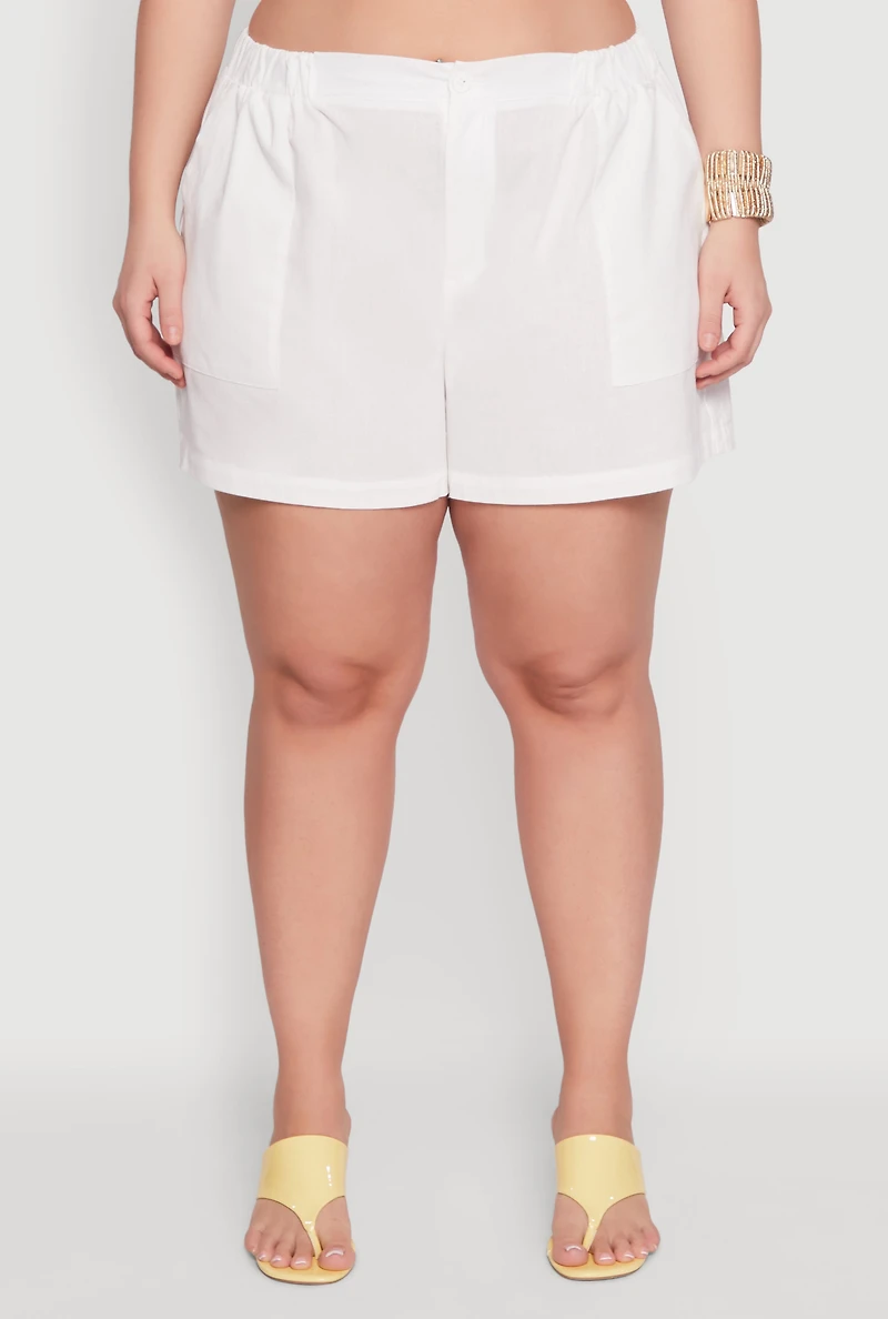 Womens Plus Size Linen High Waist Shorts, White, Size 3X