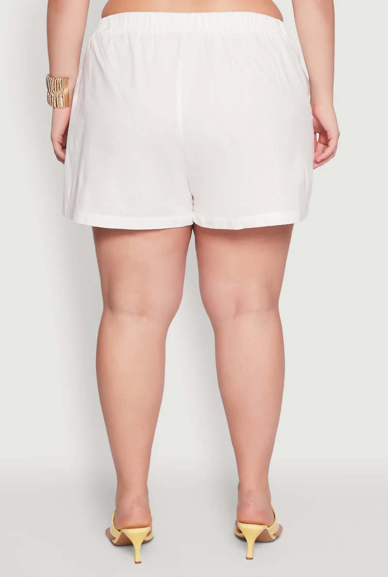Womens Plus Size Linen High Waist Shorts, White, Size 2X
