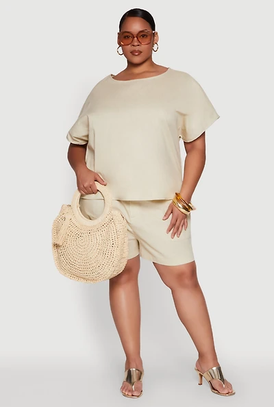 Womens Plus Linen High Waist Shorts,