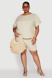 Womens Plus Linen High Waist Shorts, Khaki,