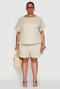 Womens Plus Linen High Waist Shorts, Khaki,