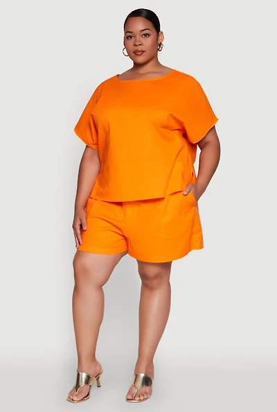 Womens Plus Size Linen High Waist Shorts, Orange, Size 3X