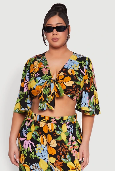 Womens Plus Size Tropical Floral Tie Front Crop Top, Multi, Size 1X