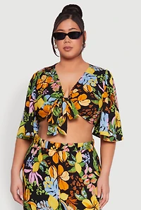 Plus Tropical Floral Tie Front Crop Top