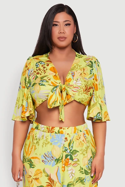 Womens Plus Tropical Floral Tie Front Crop Top, Green,