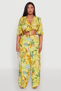 Womens Plus Tropical Floral Tie Front Crop Top, Green,