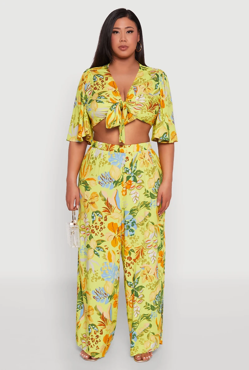 Womens Plus Size Tropical Floral Tie Front Crop Top, Multi, Size 1X