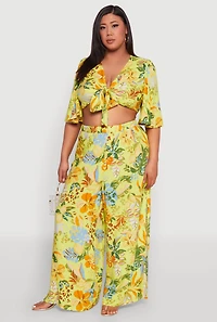 Womens Plus Tropical Floral Tie Front Crop Top, Green,