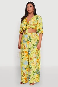 Womens Plus Tropical Floral Tie Front Crop Top, Green,