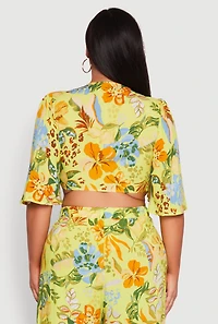 Womens Plus Tropical Floral Tie Front Crop Top, Green,