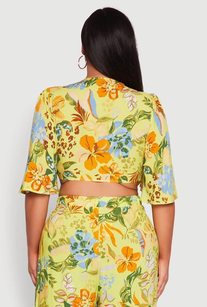 Womens Plus Size Tropical Floral Tie Front Crop Top, Multi, Size 1X