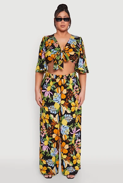 Womens Plus Size Tropical Floral Palazzo Pants, Multi, Size 2X
