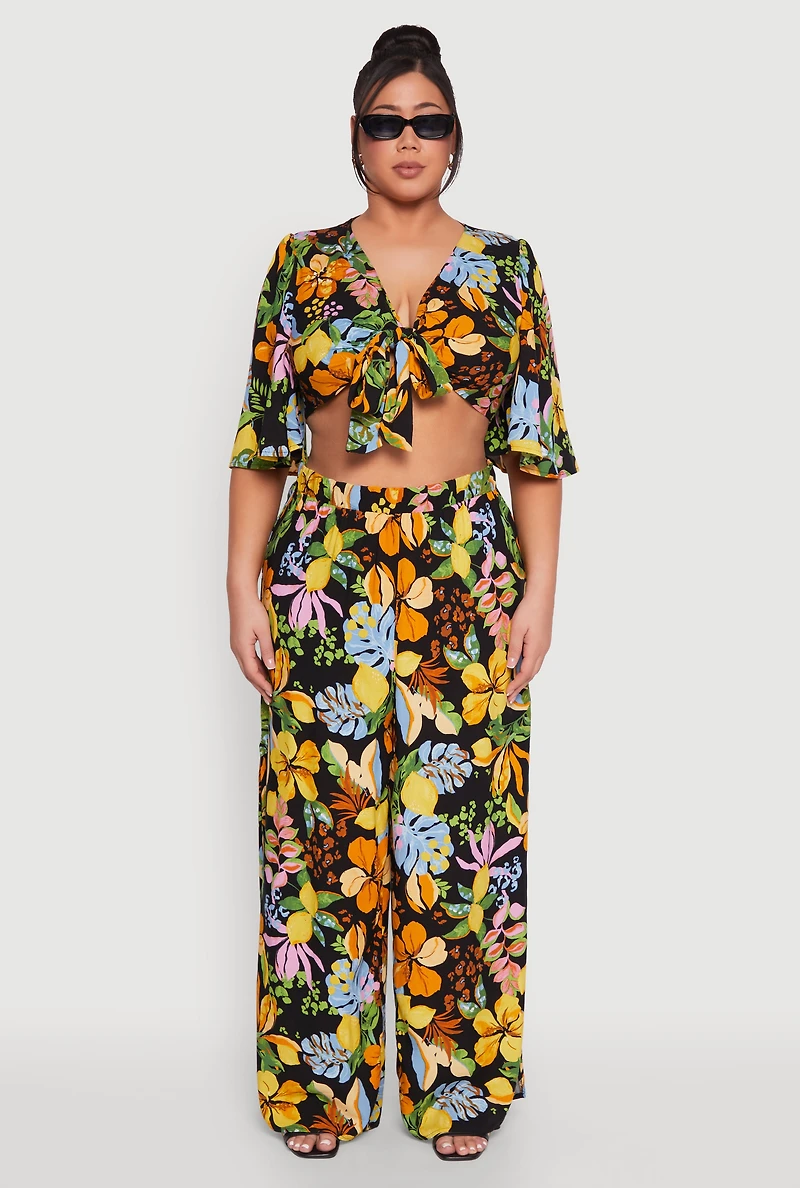 Womens Plus Size Tropical Floral Palazzo Pants, Multi, Size 3X