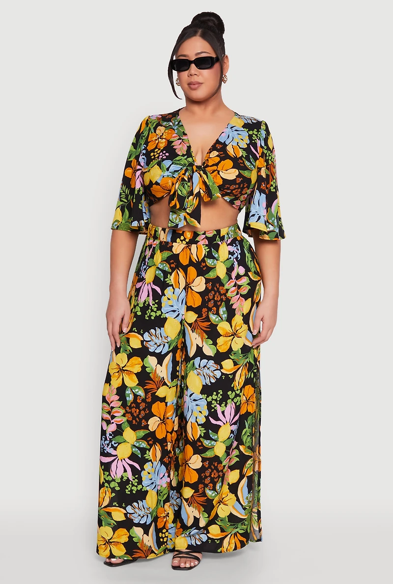 Womens Plus Size Tropical Floral Palazzo Pants, Multi, Size 3X