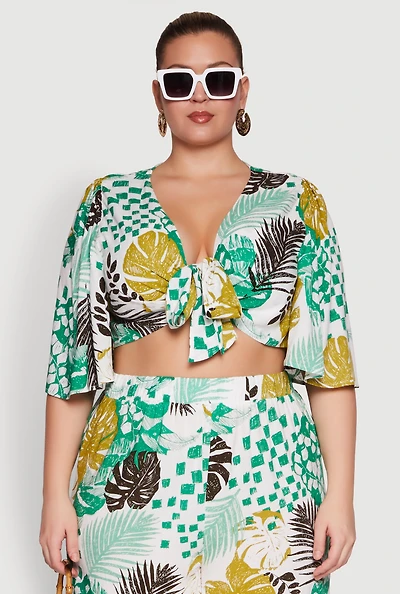 Womens Plus Size Chic Tie Front Cropped Blouse with Flutter Sleeves, Multi, Size 3X