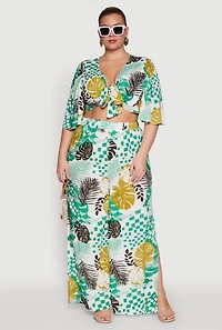 Womens Plus Size Chic Tie Front Cropped Blouse with Flutter Sleeves, Multi, Size 3X