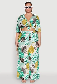 Womens Plus Size Chic Tie Front Cropped Blouse with Flutter Sleeves, Multi, Size 3X