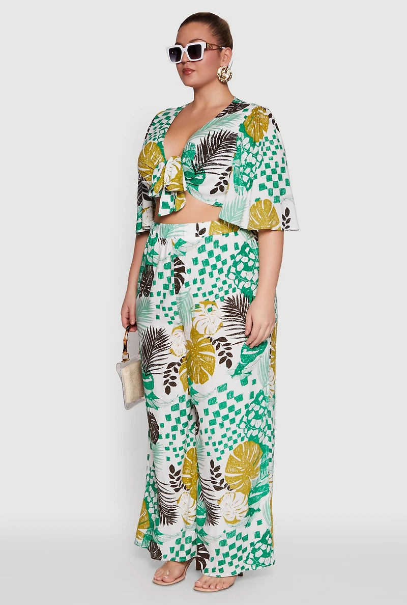 Plus Chic Tie Front Cropped Blouse with Flutter Sleeves