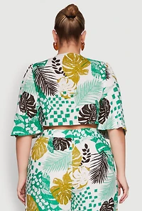 Womens Plus Size Chic Tie Front Cropped Blouse with Flutter Sleeves, Multi, Size 3X