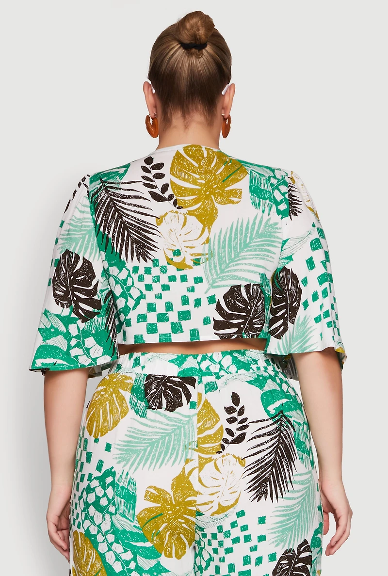 Plus Chic Tie Front Cropped Blouse with Flutter Sleeves