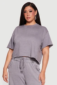 Plus Acid Wash Short Sleeve Raw Hem Sweatshirt