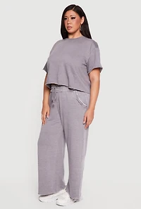 Plus Acid Wash Short Sleeve Raw Hem Sweatshirt