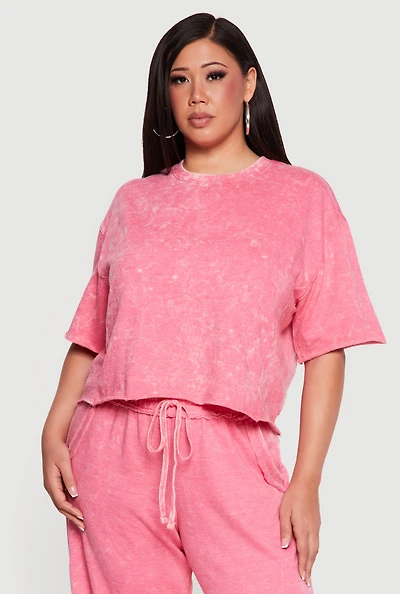 Plus Acid Wash Short Sleeve Raw Hem Sweatshirt