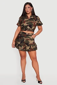 Plus Ruffle Hem Camo Print Shorts