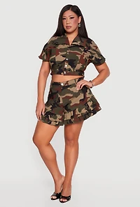 Plus Short Sleeve Camouflage Cropped Jacket