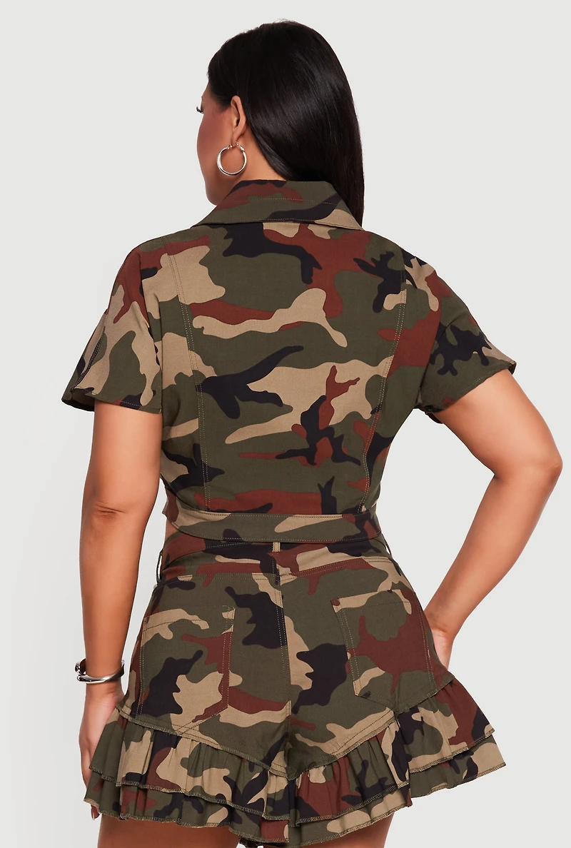 Plus Short Sleeve Camouflage Cropped Jacket